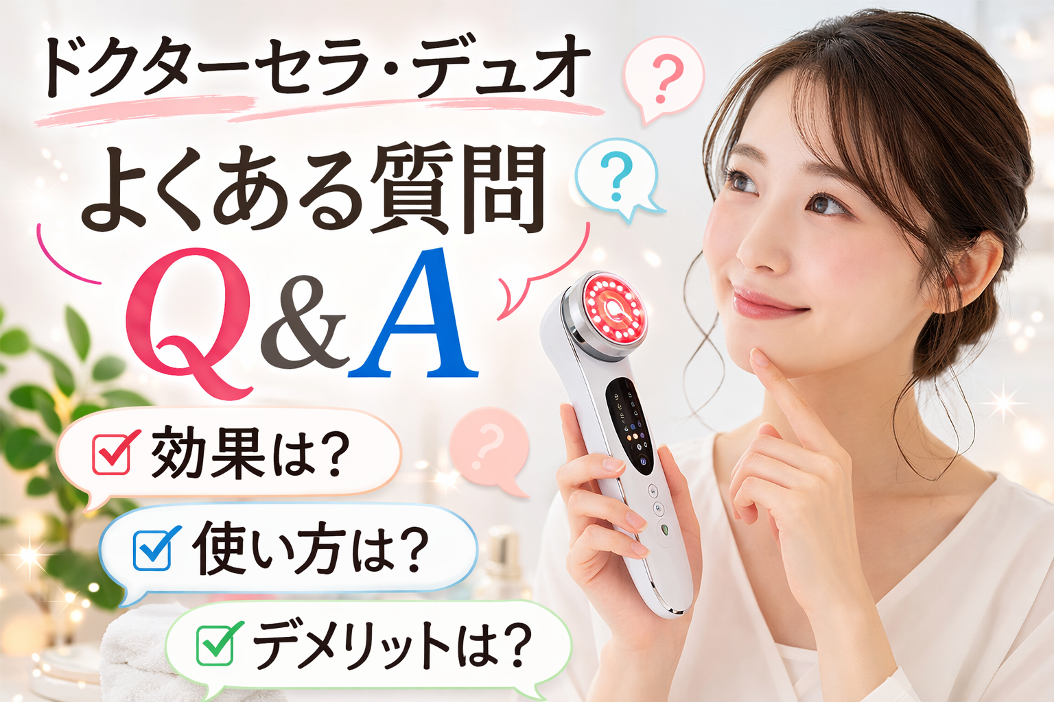 ドクターセラ・デュオを手に持ち、人差し指を顎にあてて考える表情の女性。「よくある質問 Q&A：効果は？使い方は？デメリットは？」のテキストとアイコン。