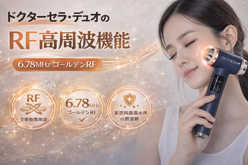 ゴールデンカラーの光のラインとドクターセラ・デュオ。「RF高周波機能：6.78MHz ゴールデンRF・家庭用最高水準の周波数」の技術解説。